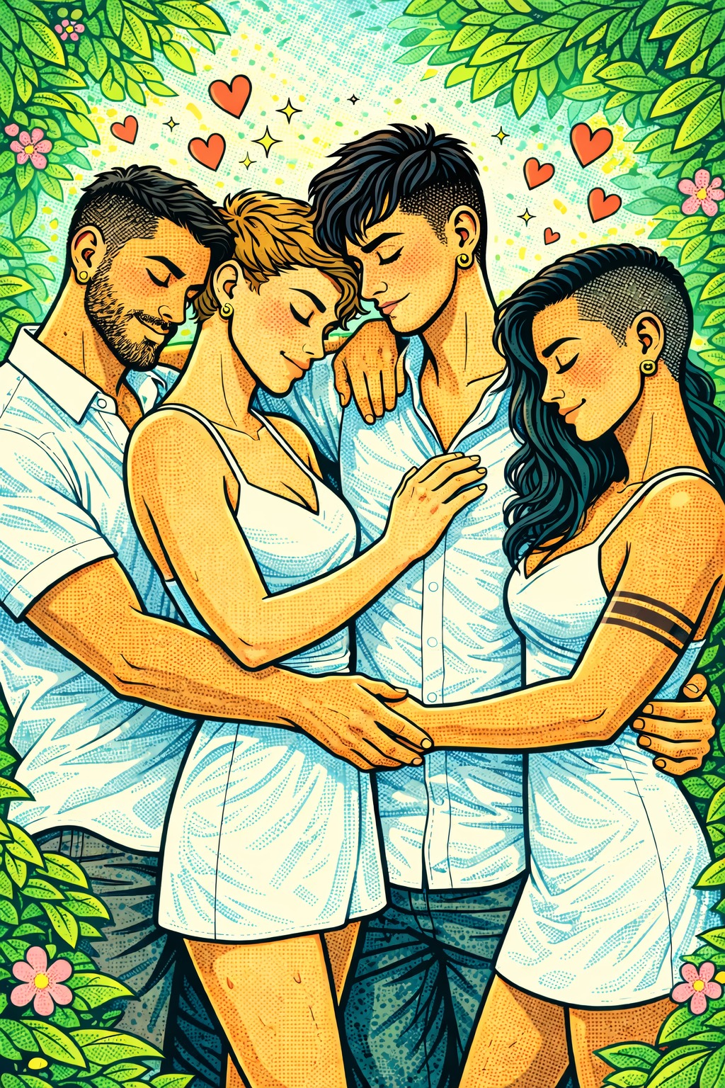 Vier Menschen in weißen Kleidern umarmen sich unter Bäumen – Illustration zu Tu beAv, dem jüdischen Fest der Liebe.