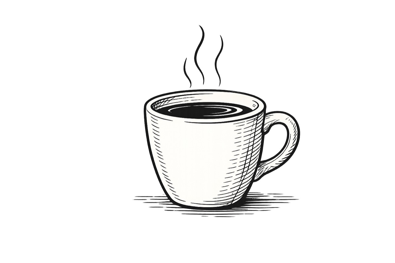 Schwarz-weiße Zeichnung einer dampfenden Tasse Kaffee auf weißem Hintergrund.